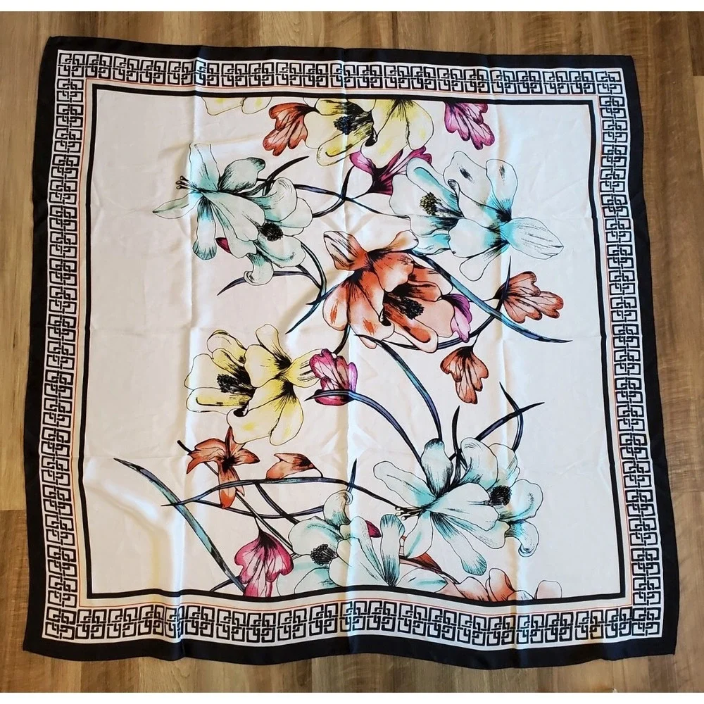 Chicos‎ Large Square Scarf Satin Floral with Black Geometric Border NEW with Tag